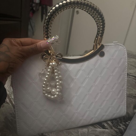 Neiman Marcus Shiny White Patent Leather Floral Charm Handbag - Picture 3 of 5